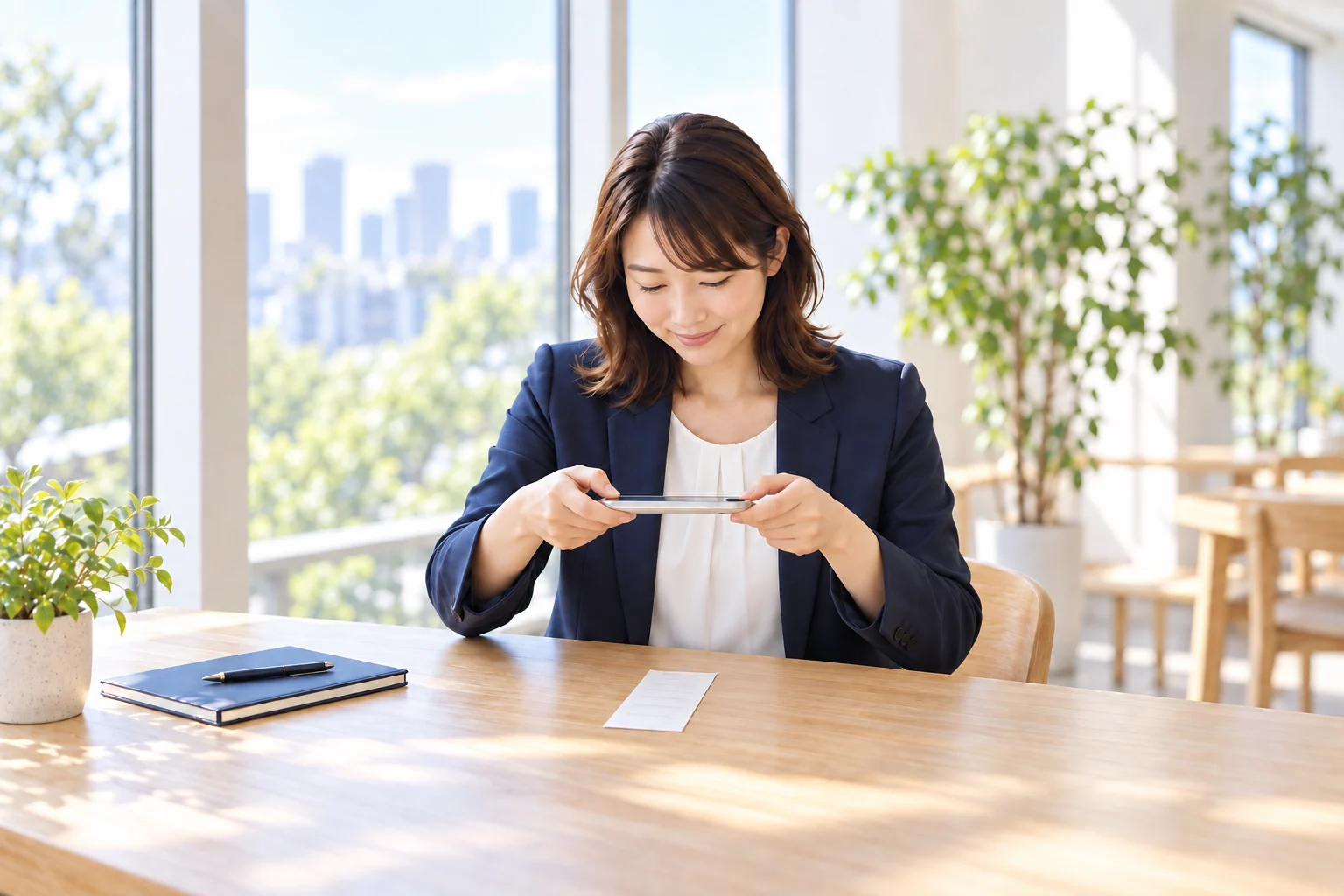 スマートフォンのカメラを領収書に向けて撮影する経営者
